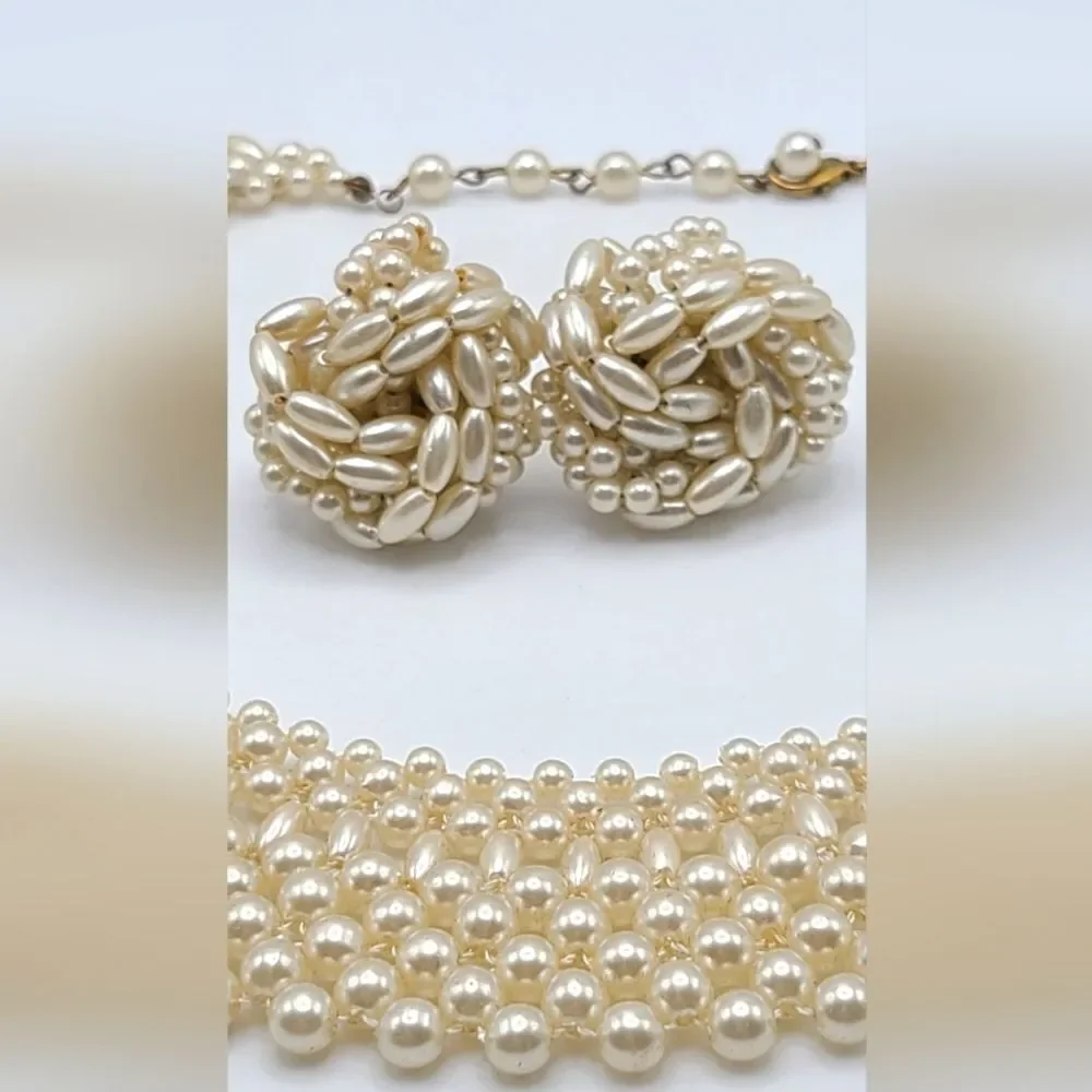 Vintage Bib collar necklace and matching earrings,  faux pearl